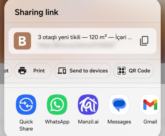 Mobile share sheet with Mənzil.ai highlighted as a target